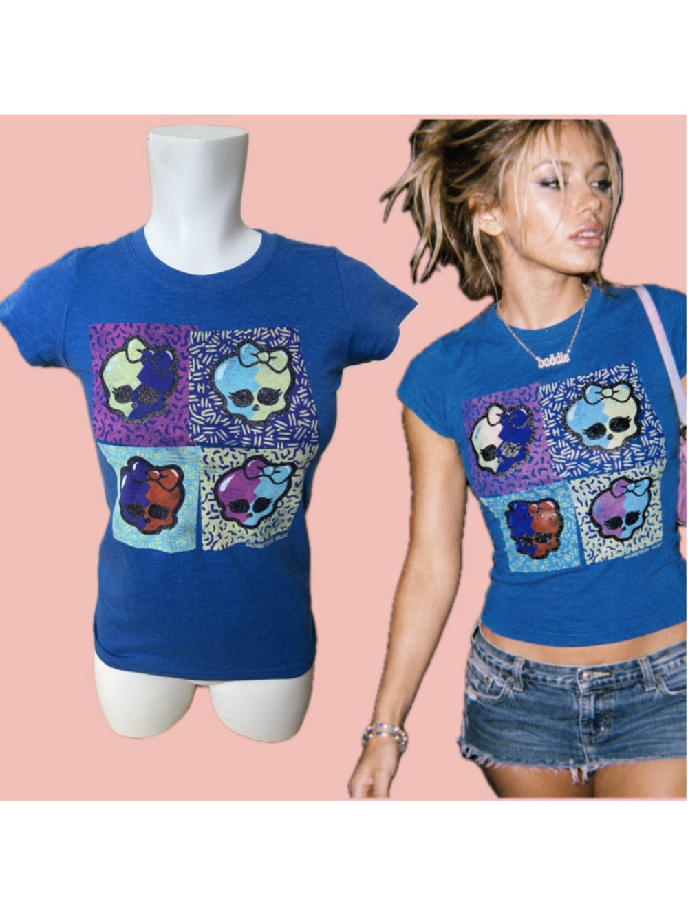 Monster High Graphic Baby Tee XS/S Blue Glitter Skull Y2K